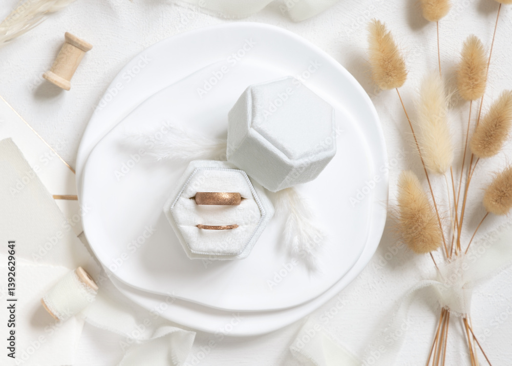 Golden wedding rings near dried hare's tail grass top view on white, boho wedding