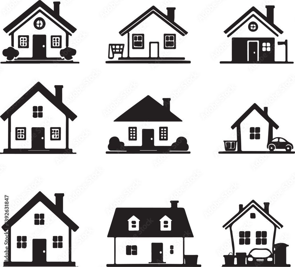 This image showcases a collection of various house icons, designed in a simple, minimalist style. This image showcases a collection of various house icons, designed in a simple, minimalist style.