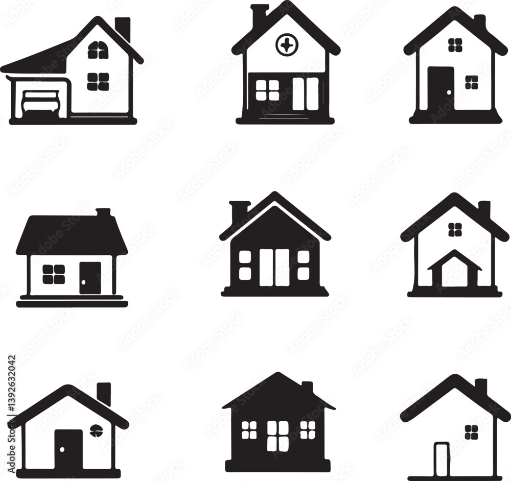 This image showcases a collection of various house icons, designed in a simple, minimalist style. This image showcases a collection of various house icons, designed in a simple, minimalist style.