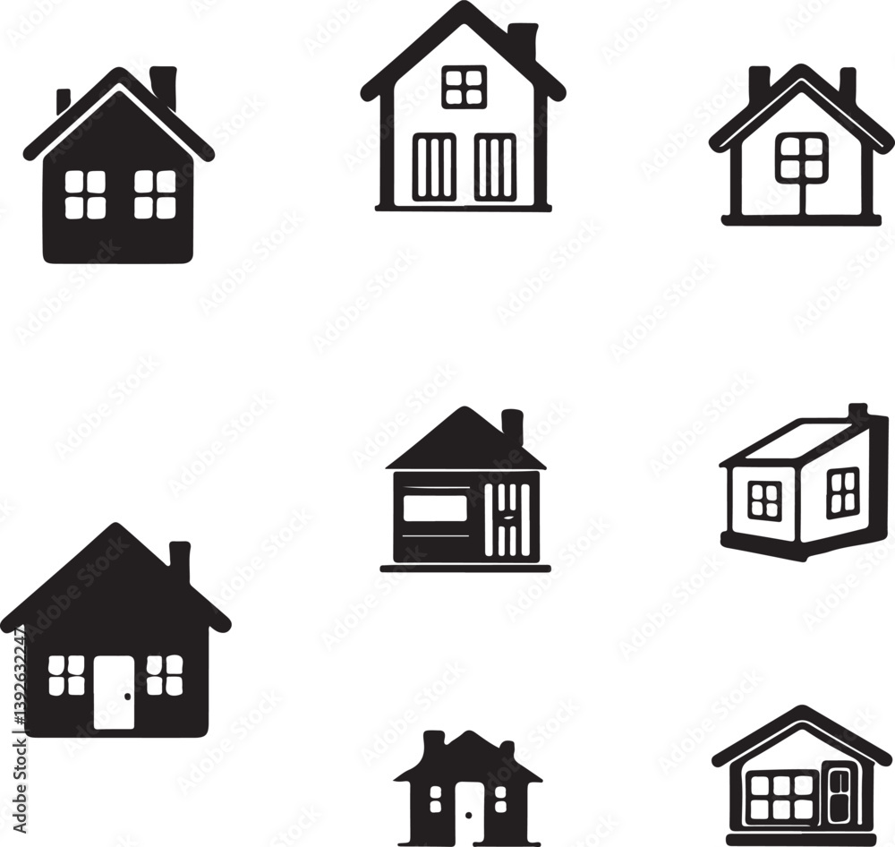 This image showcases a collection of various house icons, designed in a simple, minimalist style. This image showcases a collection of various house icons, designed in a simple, minimalist style.