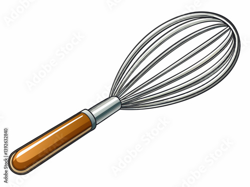 A detailed vector illustration of a stainless steel whisk with a comfortable handle, isolated on a white background