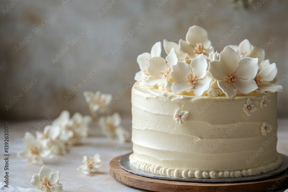Fototapeta premium White frosted cake decorated with edible flowers, sitting on a wooden tray, perfect for a wedding or special occasion