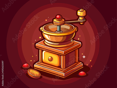 A clean vector of a manual spice grinder with a classic wooden design, placed on a solid dark red background