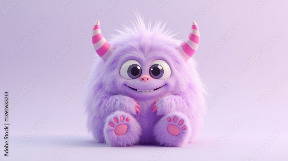 Fototapeta premium Cute purple monster with fluffy fur, big eyes, and playful expression, sitting on soft background