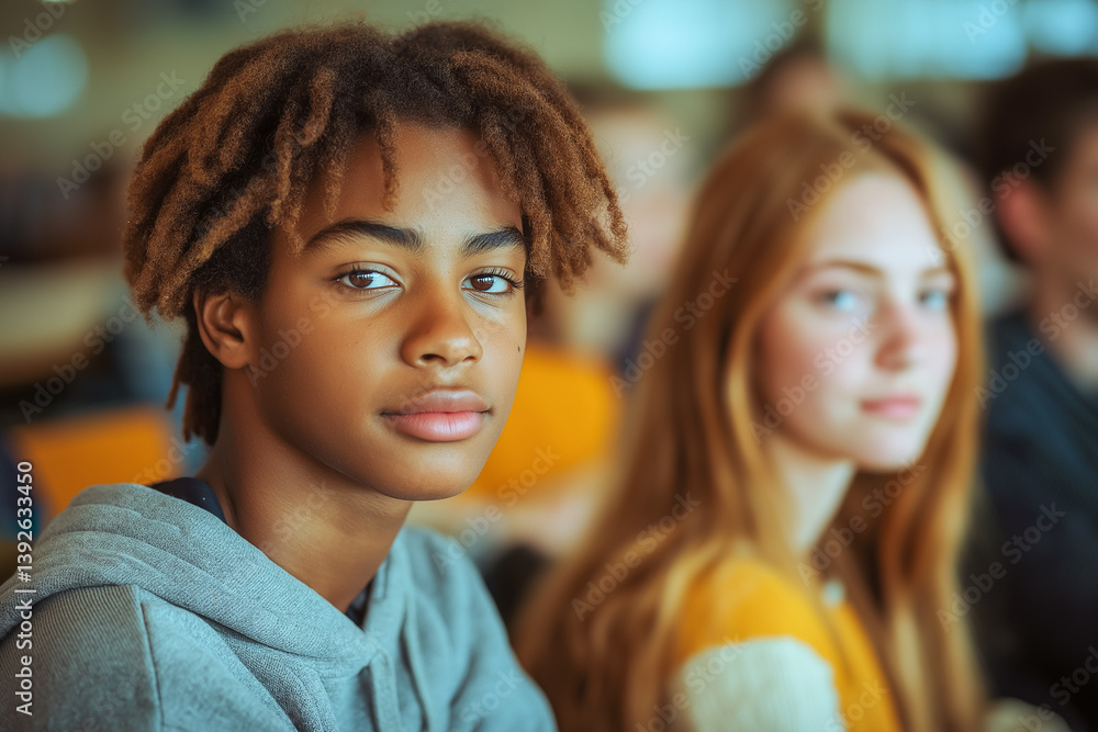 Obraz premium Young students in a school setting, captured in a close-up portrait with soft lighting, expressing youthful curiosity.