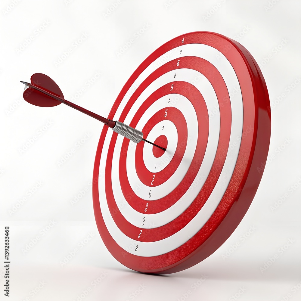 3D Render of Bullseye Target with Dart Arrow, Red and White Circles, Perfect Aim and Success Concept
3D Render of Bullseye Target with Dart Arrow, Red and White Circles, Perfect Aim and Success Concept