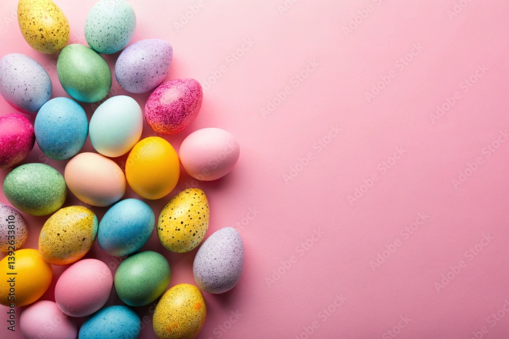 Obraz premium Top view of colorful eggs on pastel pink background with empty space.