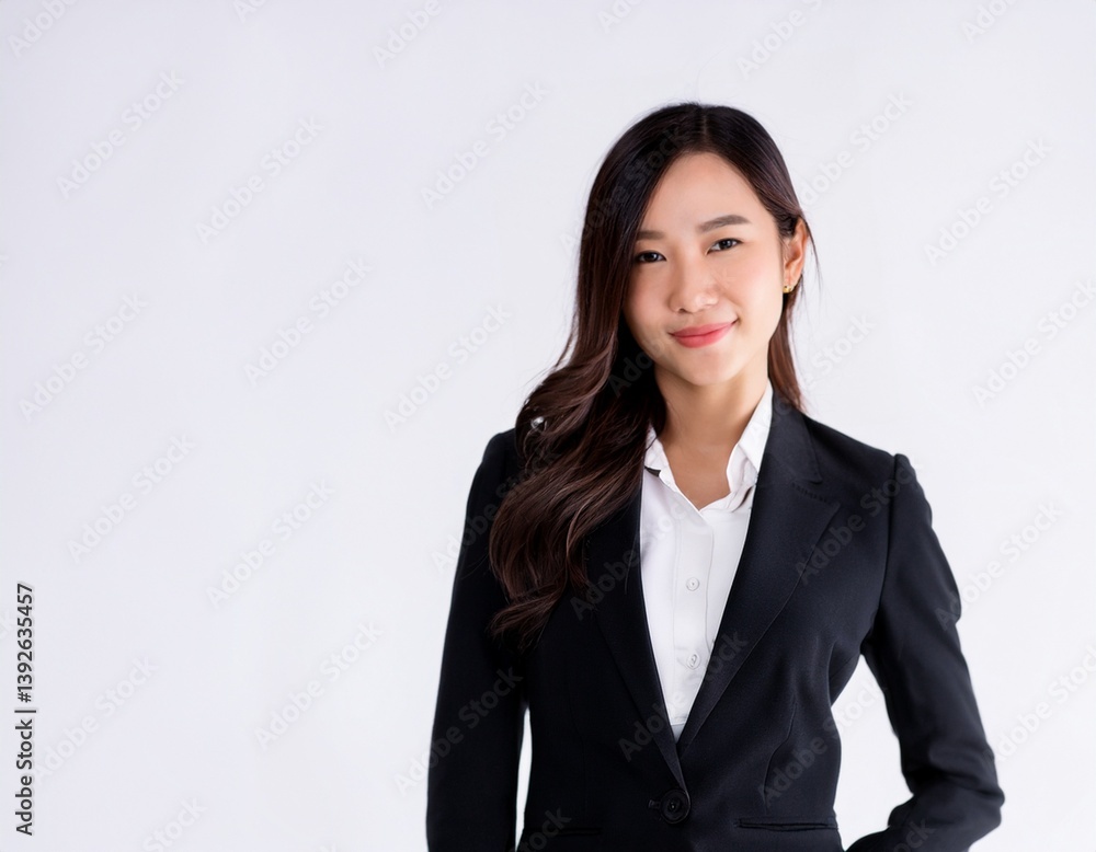 20代、ビジネスに成功したスーツに身を包んだ上品な女性が、背景はシンプルな白 20代、ビジネスに成功したスーツに身を包んだ上品な女性が、背景はシンプルな白