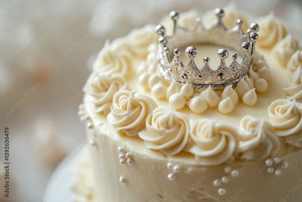 Creamy white cake decorated with frosting rosettes and silver crown, perfect for a princess birthday party Creamy white cake decorated with frosting rosettes and silver crown, perfect for a princess birthday party