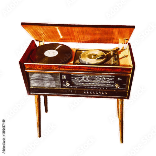 Vintage Collage of Retro Record turntable torn out magazine. Isolated vector design illustration cut from an old newspaper with a halftone effect. Trendy colorful retro sticker with Bitmap texture