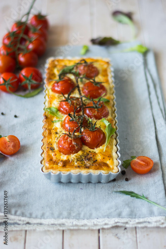 ppetizing chicken and tomato quiche with melted cheese on a flaky crust. Perfect for food blogs, recipes, and ads. Top view, close-up, and sliced shots. Natural lighting, rustic style, selective focus