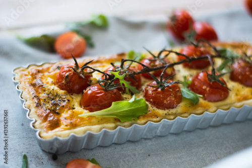 ppetizing chicken and tomato quiche with melted cheese on a flaky crust. Perfect for food blogs, recipes, and ads. Top view, close-up, and sliced shots. Natural lighting, rustic style, selective focus