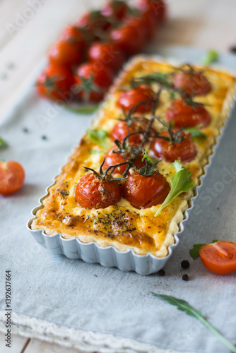 ppetizing chicken and tomato quiche with melted cheese on a flaky crust. Perfect for food blogs, recipes, and ads. Top view, close-up, and sliced shots. Natural lighting, rustic style, selective focus