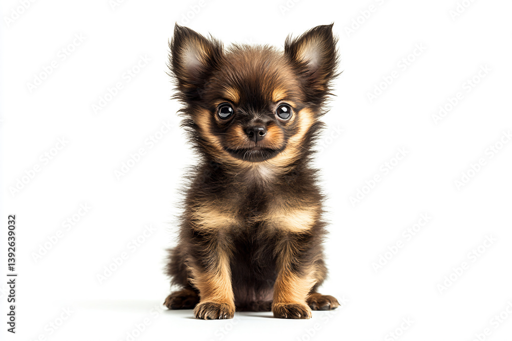 Obraz premium a small brown and black dog sitting on a white surface