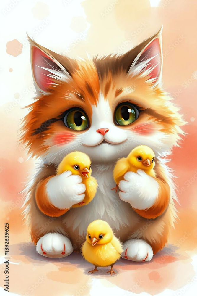 Fluffy Calico Cat Holding Tower of Yellow Chicks on Wooden Chair in Pastel Whimsical Scene Generative AI Fluffy Calico Cat Holding Tower of Yellow Chicks on Wooden Chair in Pastel Whimsical Scene Generative AI