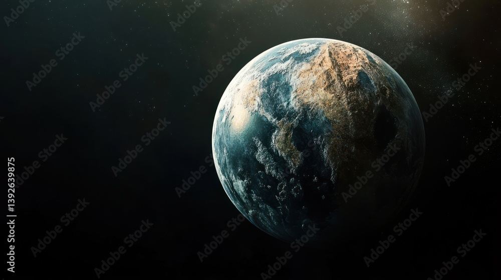Obraz premium Realistic render of Earth in the cosmos, showcasing detailed surface textures and atmospheric glow