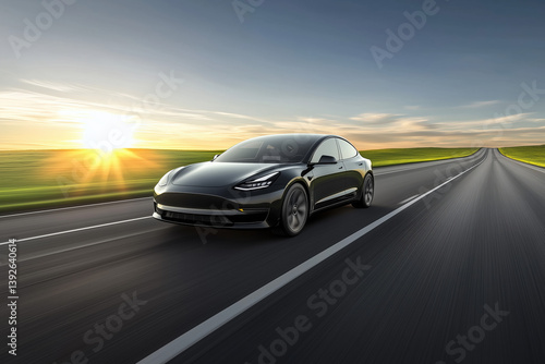 Electric Car EV Vehicle Driving Highway Sunrise Future Growth Technology Innovation Automotive Transportation Market Success
