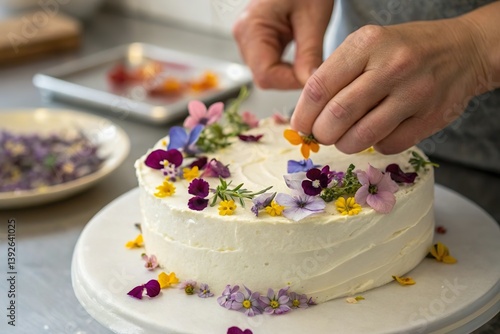 person sprinkle flower on bento cake to decorate