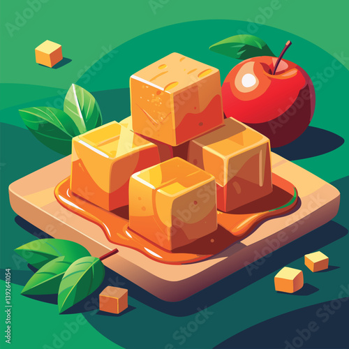 Vector illustration of a Delicious caramel apples. cubed.