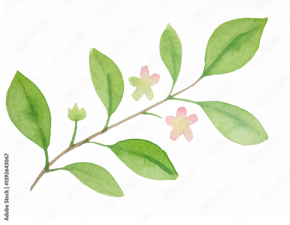 Fototapeta premium Watercolor painting of cute twig with fresh green leaf and flower isolated on white. Hand drawn art