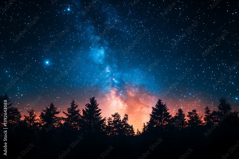 Fototapeta premium Milky Way Galaxy over Silhouetted Pine Forest.
