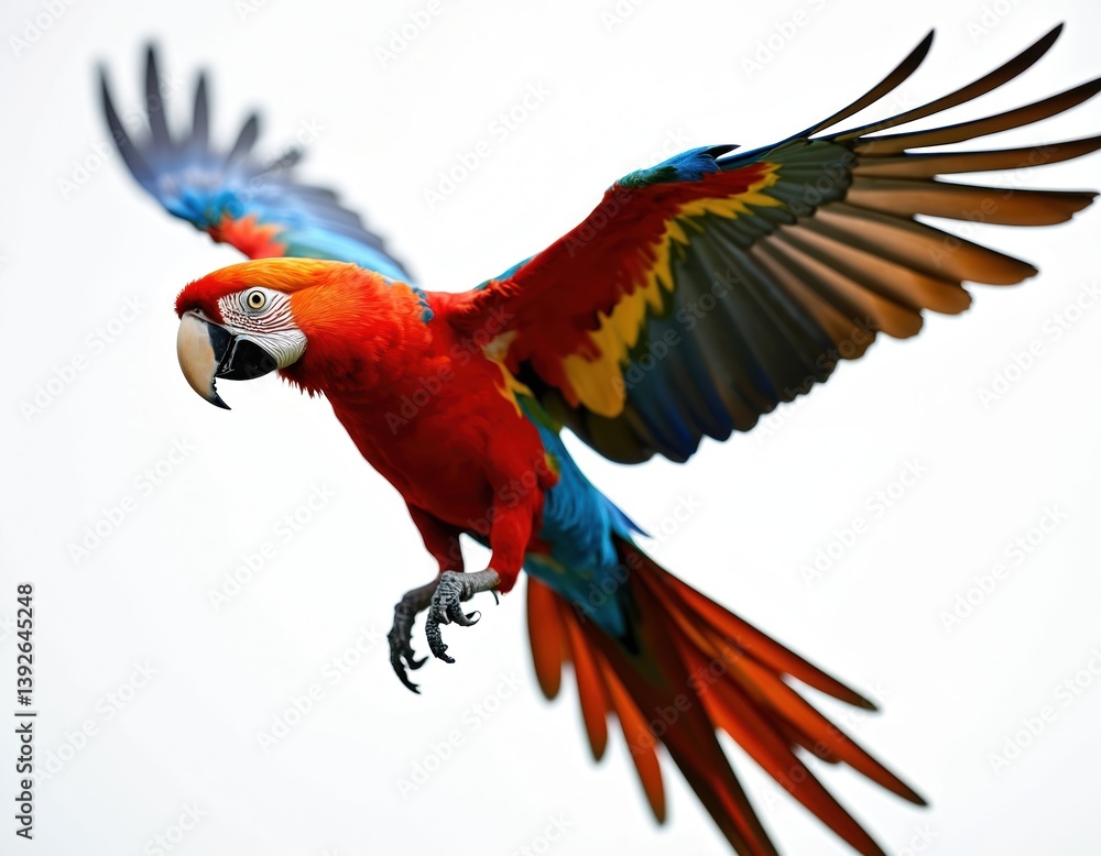 Fototapeta premium Scarlet macaw parrot in flight isolated white background. Bird with vibrant colorful wings. Exotic animal showing freedom, wildlife in tropical environment.
