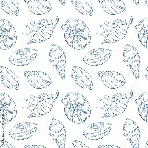 Seamless seashell pattern in blue line art style. Various ocean shell type perfect for summer beach theme, coastal decoration and marine inspired design.