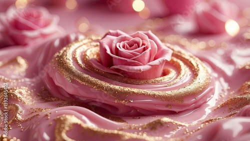 Close-up of a spiral pattern resembling pink velvet fabric with glittering
