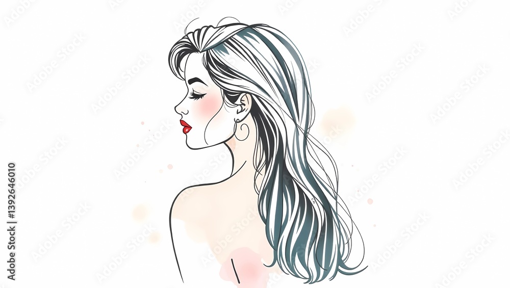 Illustration of woman with long flowing hair in profile with red lipstick Illustration of woman with long flowing hair in profile with red lipstick