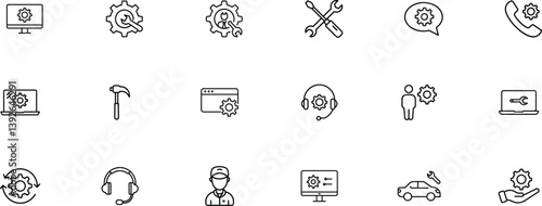 Technical support editable outline icon set. Maintenance, troubleshooting, tools, repair, customer-service and more.