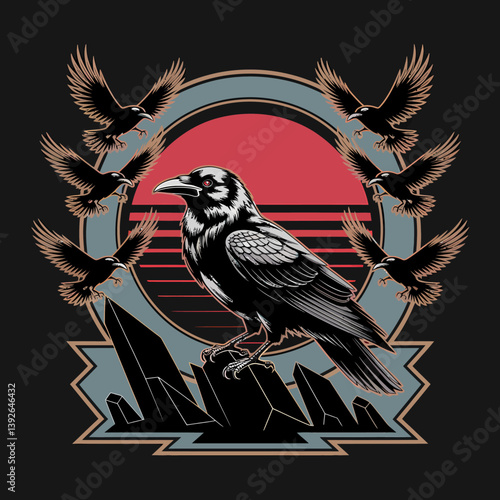 Mystic Raven Gathering: Vintage Style Bird Flock, Sunset Silhouette