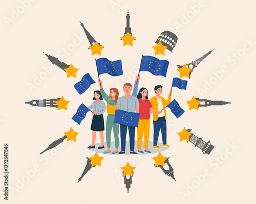 EU Unity: People Holding European Union Flags with Landmarks Illustration