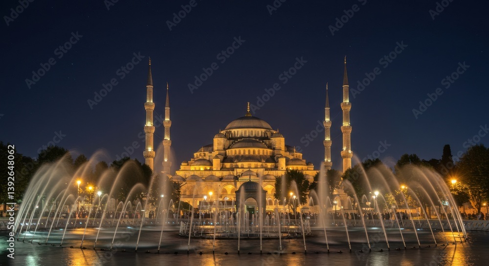 Fototapeta premium Illuminated blue mosque at night with fountains reflecting lights in istanbul turkey landscape view