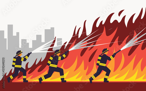 Firefighters battling blaze near city. Emergency service vector design.