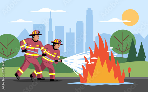 Brave Firefighters Extinguishing Flames in City, Emergency Response Vector