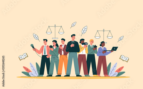 Diverse Journalists Team with Scales of Justice: Investigative Reporting Illustration