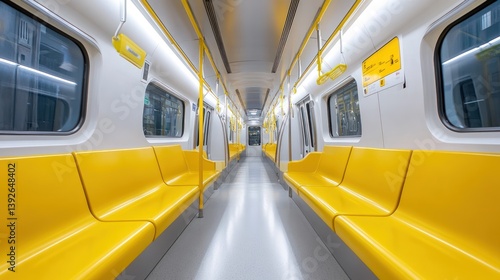 Brightly illuminated interior of a passenger train car with yellow seating