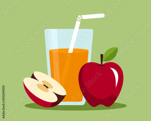 Fresh Apple Juice Glass with Straw and Sliced Red Apple Illustration