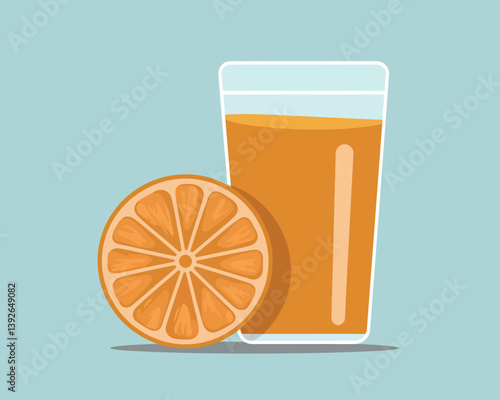 Fresh orange juice glass with half slice, vibrant citrus drink
