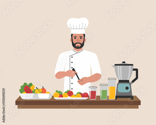 Chef Preparing Healthy Fruit Smoothie With Blender on Countertop