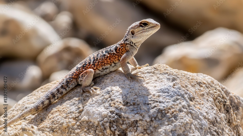 A speckled lizard perches atop a rough, sunlit rock, gazing intently into the distance. Its patterned scales blend with the stony terrain A speckled lizard perches atop a rough, sunlit rock, gazing intently into the distance. Its patterned scales blend with the stony terrain