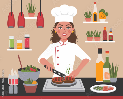 Female Chef Prepares Gourmet Meat Dish in Modern Kitchen, Vector Illustration