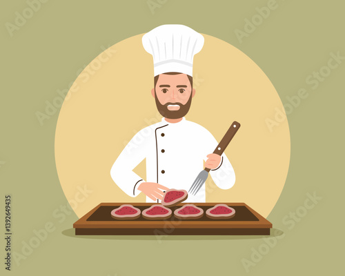 Chef preparing tasty raw steak slices on a wooden board - Culinary art
