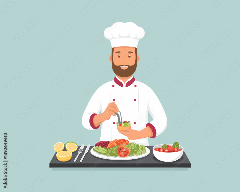 Bearded chef preparing a gourmet salad, healthy food concept illustration Bearded chef preparing a gourmet salad, healthy food concept illustration