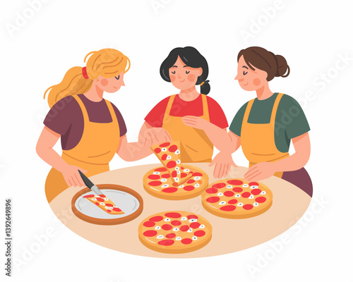 Women preparing pepperoni pizza together at a table, cooking class concept