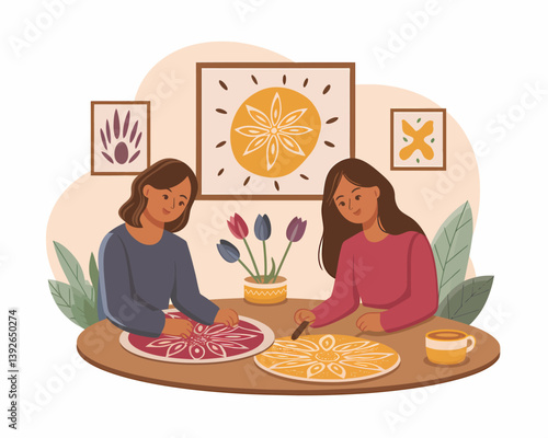Woman paints floral ceramic plate with friend in studio. Pottery class at home