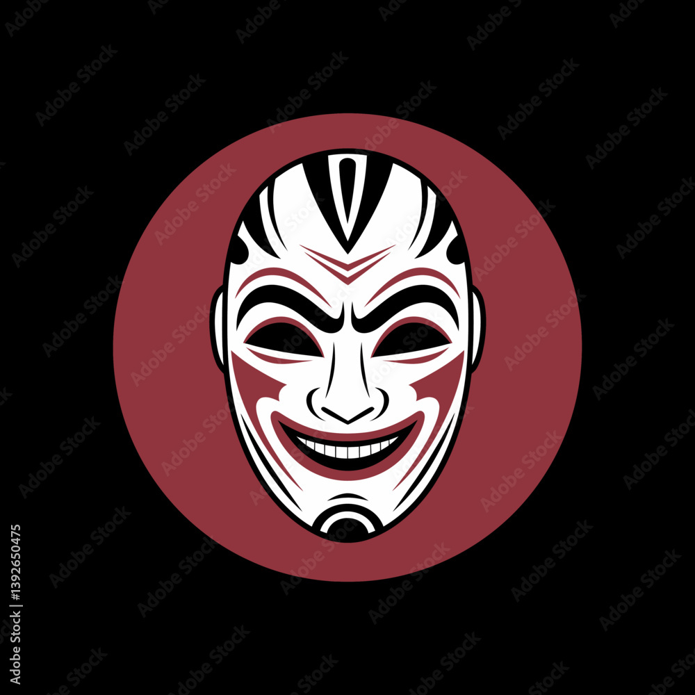 Stylized Mask Vector Illustration on Red Circle, Dramatic Design Stylized Mask Vector Illustration on Red Circle, Dramatic Design