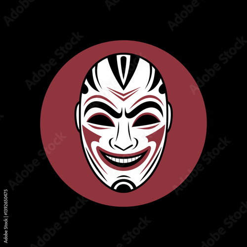 Stylized Mask Vector Illustration on Red Circle, Dramatic Design