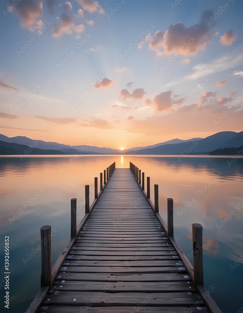 A long wooden pier stretches out over a calm lake towards the setting sun at spring, with mountains silhouetted against the colorful sky, backgrounds, wallpaper A long wooden pier stretches out over a calm lake towards the setting sun at spring, with mountains silhouetted against the colorful sky, backgrounds, wallpaper