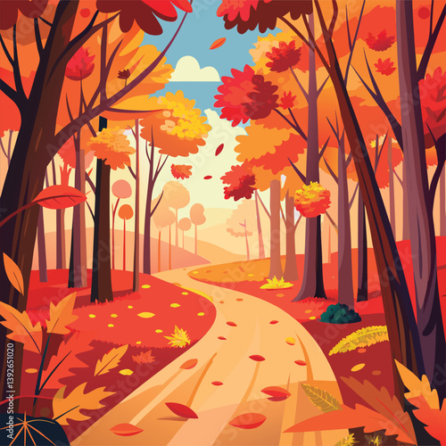 Autumn path winds through colorful forest.